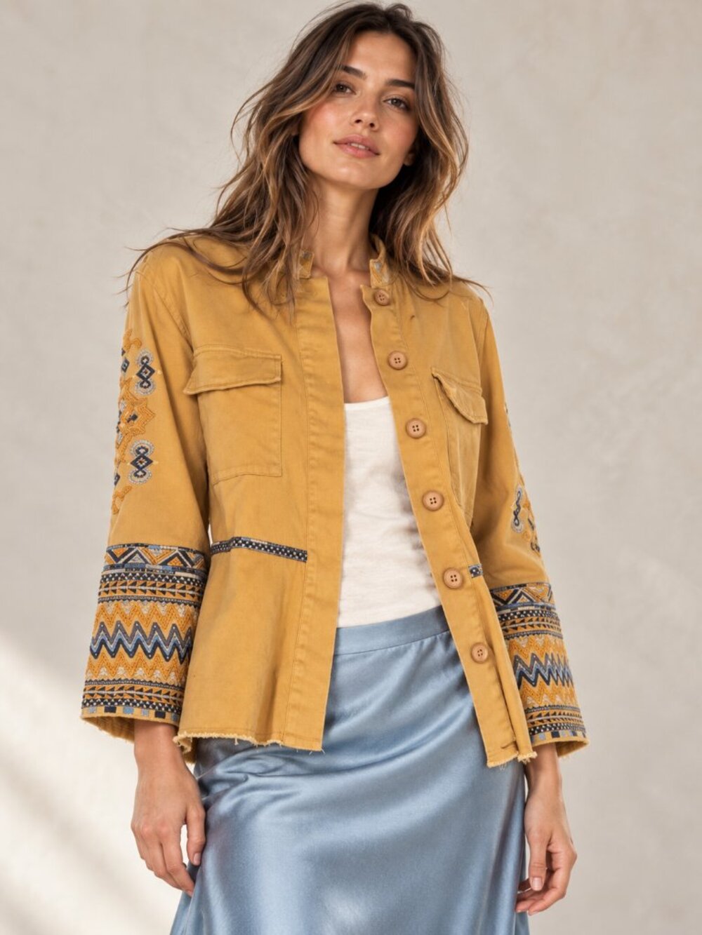 JOHNNY WAS Amika Peplum Military Jacket Embroidered Boho Khaki